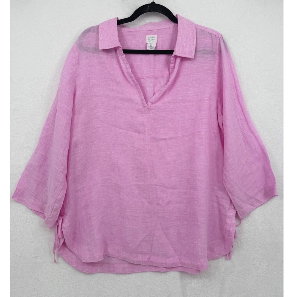 Sigrid Olsen Pink 100% Linen V-Neck Tunic Top 3/4 Sleeve Side Ties Large